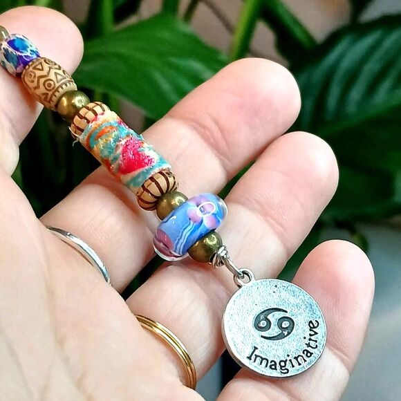Cancer Beaded Key Chain, Zodiac Gemstone Crystal Bohemian Astrology - Picture 3 of 4